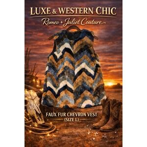 Romeo Juliet Couture Faux Fur Vest Chevron Pattern Blue Brown Sleeveless L